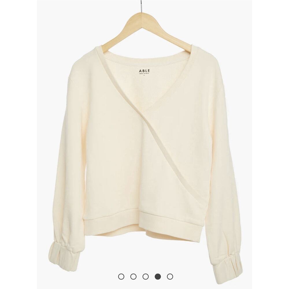 ABLE Tracy Wrap Small Sweatshirt Top in Antique White V Neck Long Sleeve - Picture 2 of 9